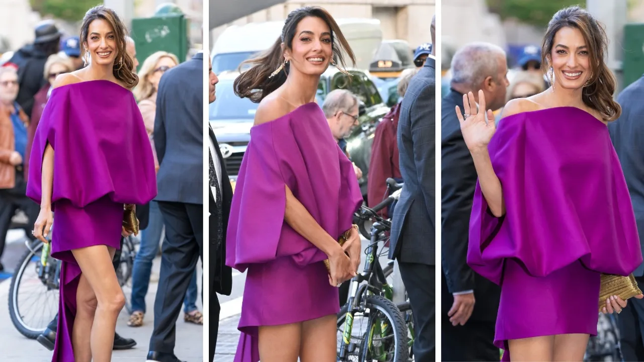 Amal Clooney stuns in bold fuchsia off-shoulder mini dress at Chaplin Award Gala