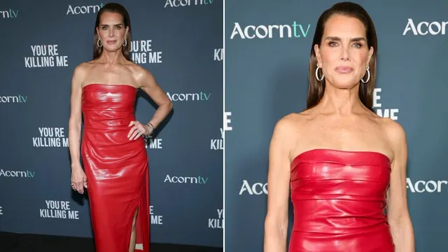 Brooke Shields turns heads in cherry red dress at 'You're Killing Me' NYC premiere