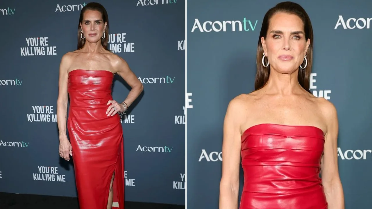 Brooke Shields turns heads in cherry red dress at 'You're Killing Me' NYC premiere