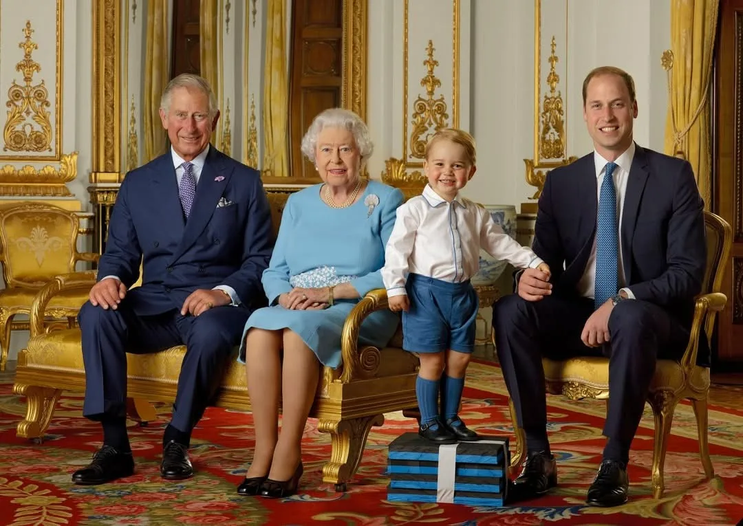 Queen Elizabeth poses for a palace portrait with King Charles, Prince William and A toddler Prince George