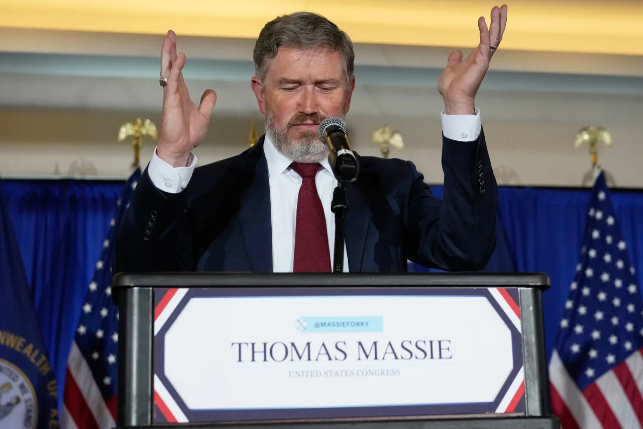 Rep. Thomas Massie, R-Ky., gestures as he speaks during an election night watch party after losing the Republican party's nomination