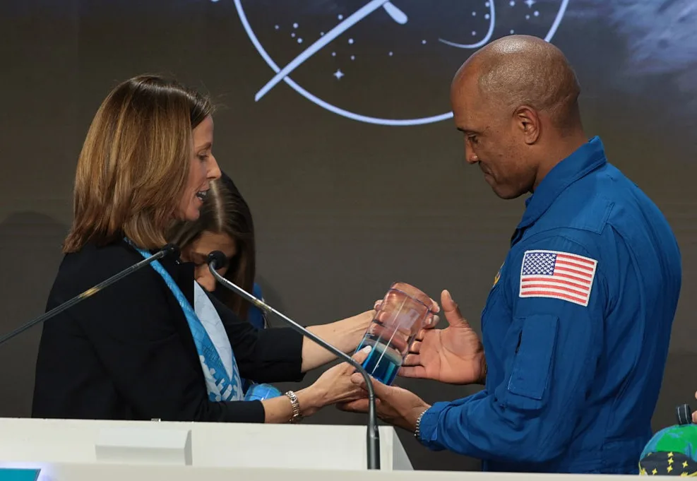 Artemis II Pilot Victor Glover receives ceremonial gift from Nasdaq CEO Adena Friedman