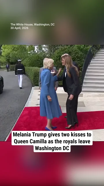Melania Trump gives two kisses to Queen Camilla as the royals leave Washington DC
