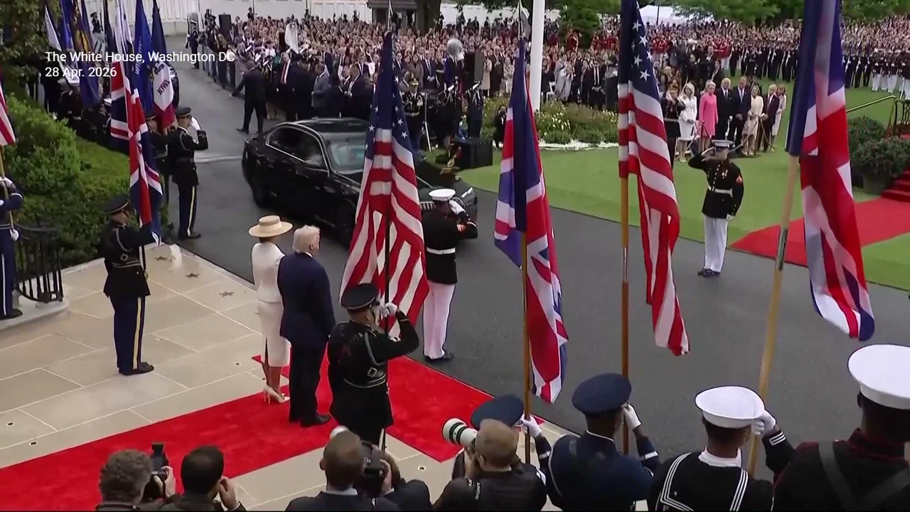 King Charles and Queen Camilla arrive at the White House, welcomed by Donald Trump