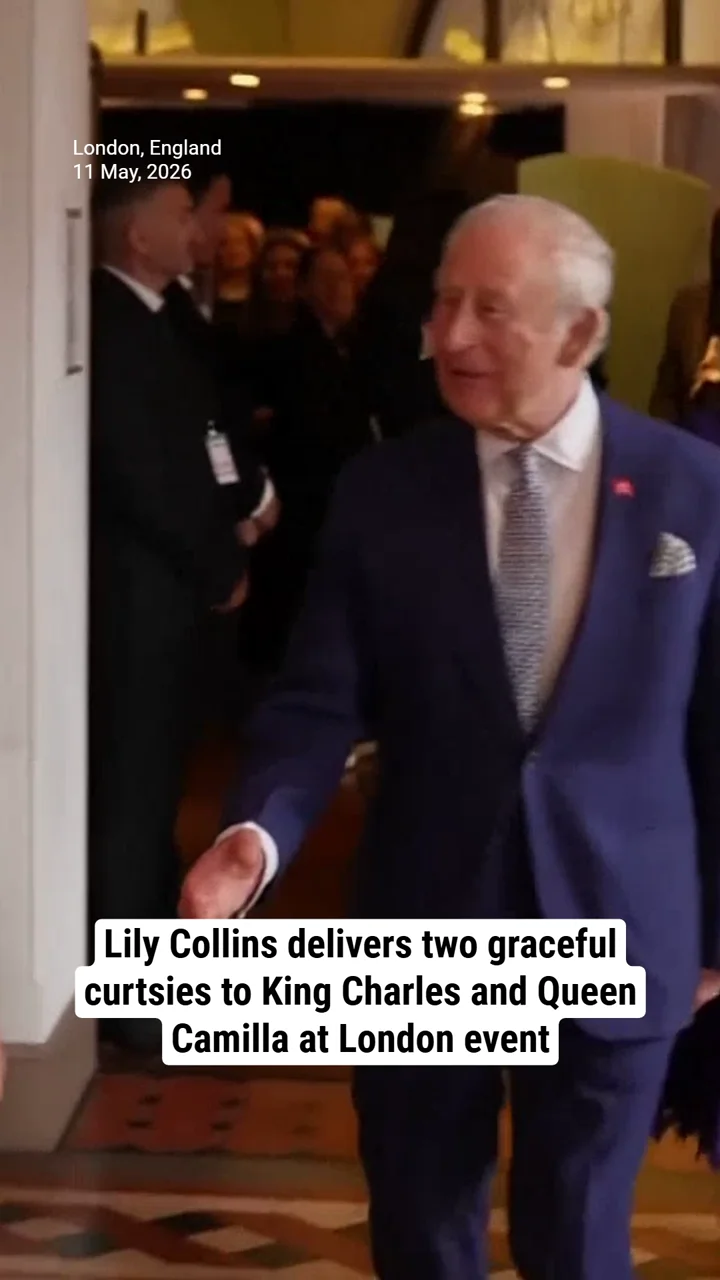 Lily Collins delivers two graceful curtsies to King Charles and Queen Camilla at London event
