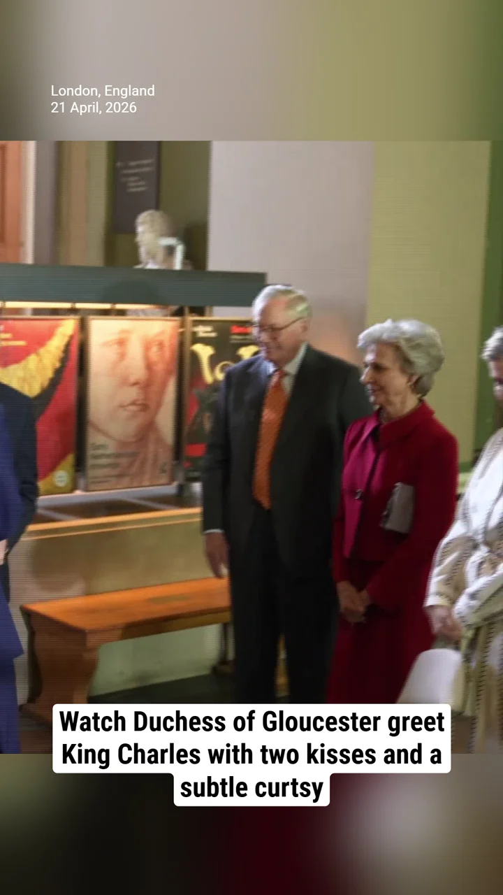Watch Duchess of Gloucester greet King Charles with two kisses and a subtle curtsy