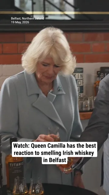 Watch: Queen Camilla has the best reaction to smelling Irish whiskey in Belfast