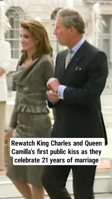 Rewatch King Charles and Queen Camilla's first public kiss as they celebrate 21 years of marriage