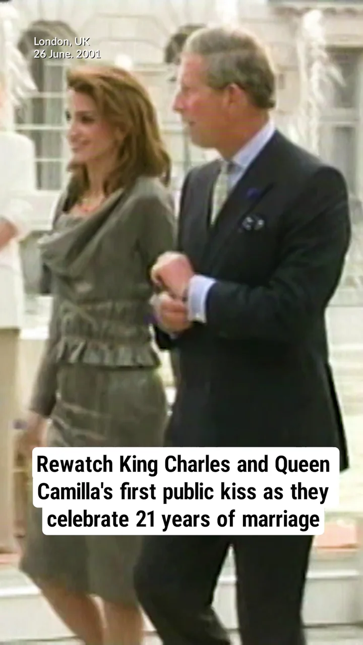 Rewatch King Charles and Queen Camilla's first public kiss as they celebrate 21 years of marriage