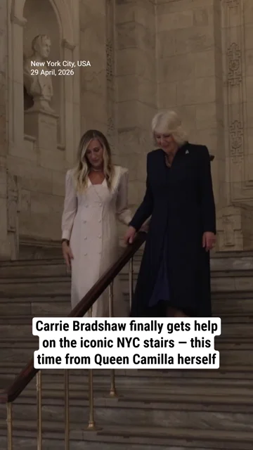 Carrie Bradshaw finally gets help on the iconic NYC stairs — this time from Queen Camilla herself