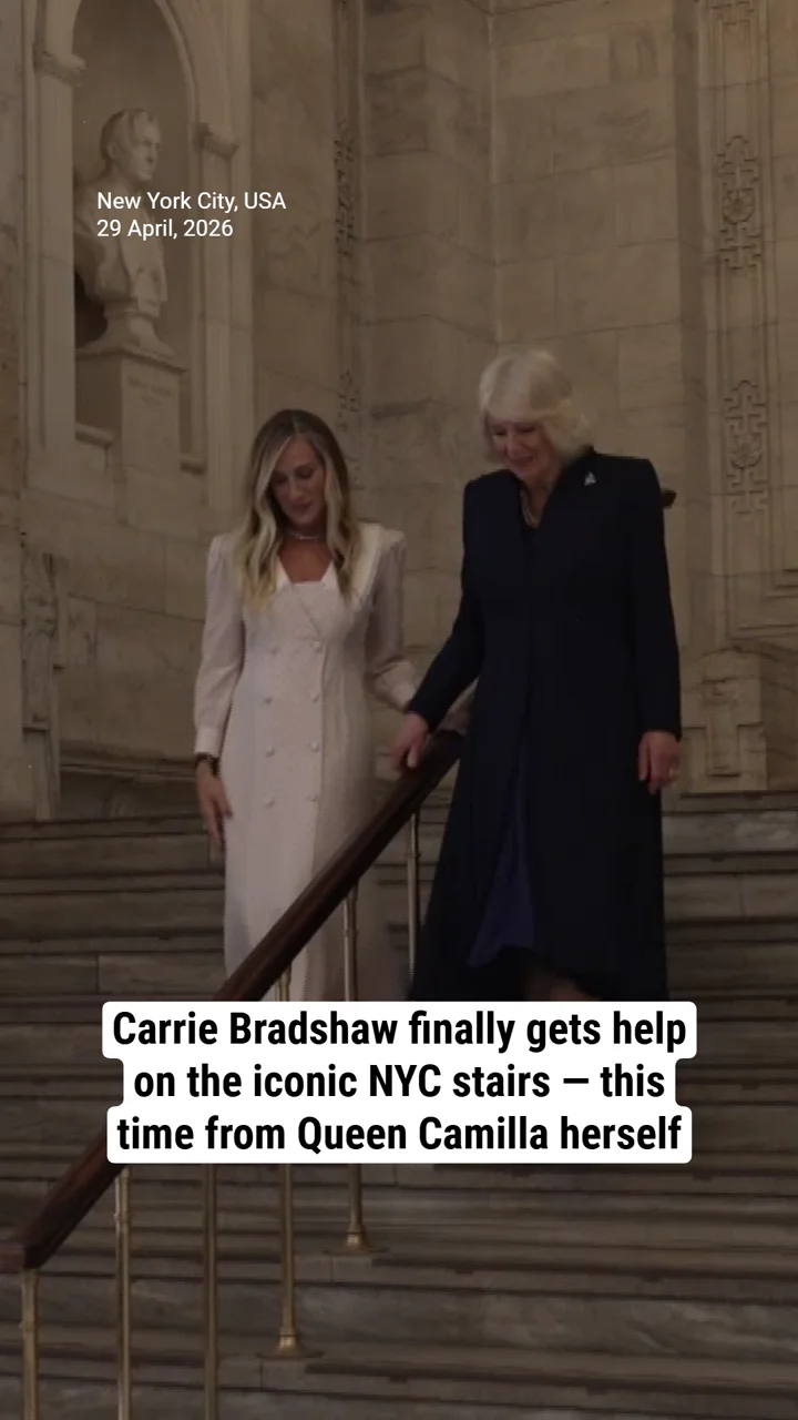 Carrie Bradshaw finally gets help on the iconic NYC stairs — this time from Queen Camilla herself