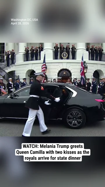 Watch: Melania Trump greets Queen Camilla with two kisses as the royals arrive for state dinner
