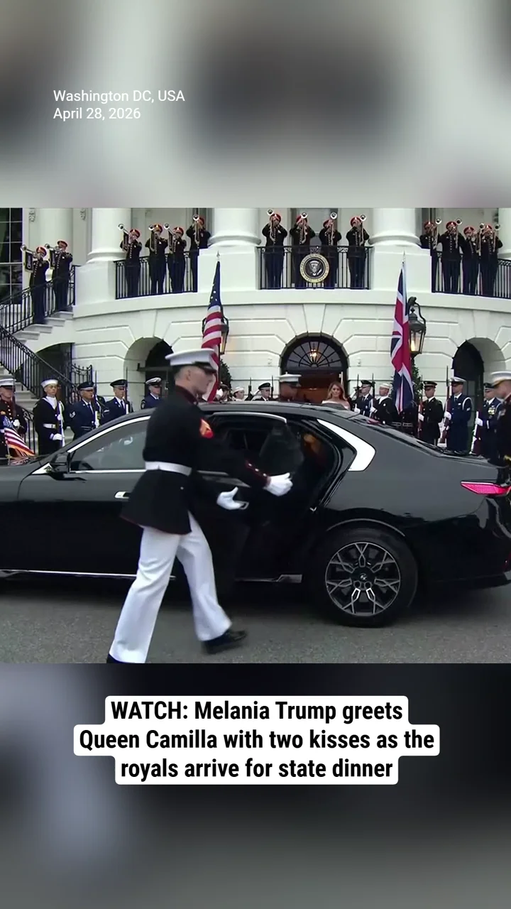 Watch: Melania Trump greets Queen Camilla with two kisses as the royals arrive for state dinner