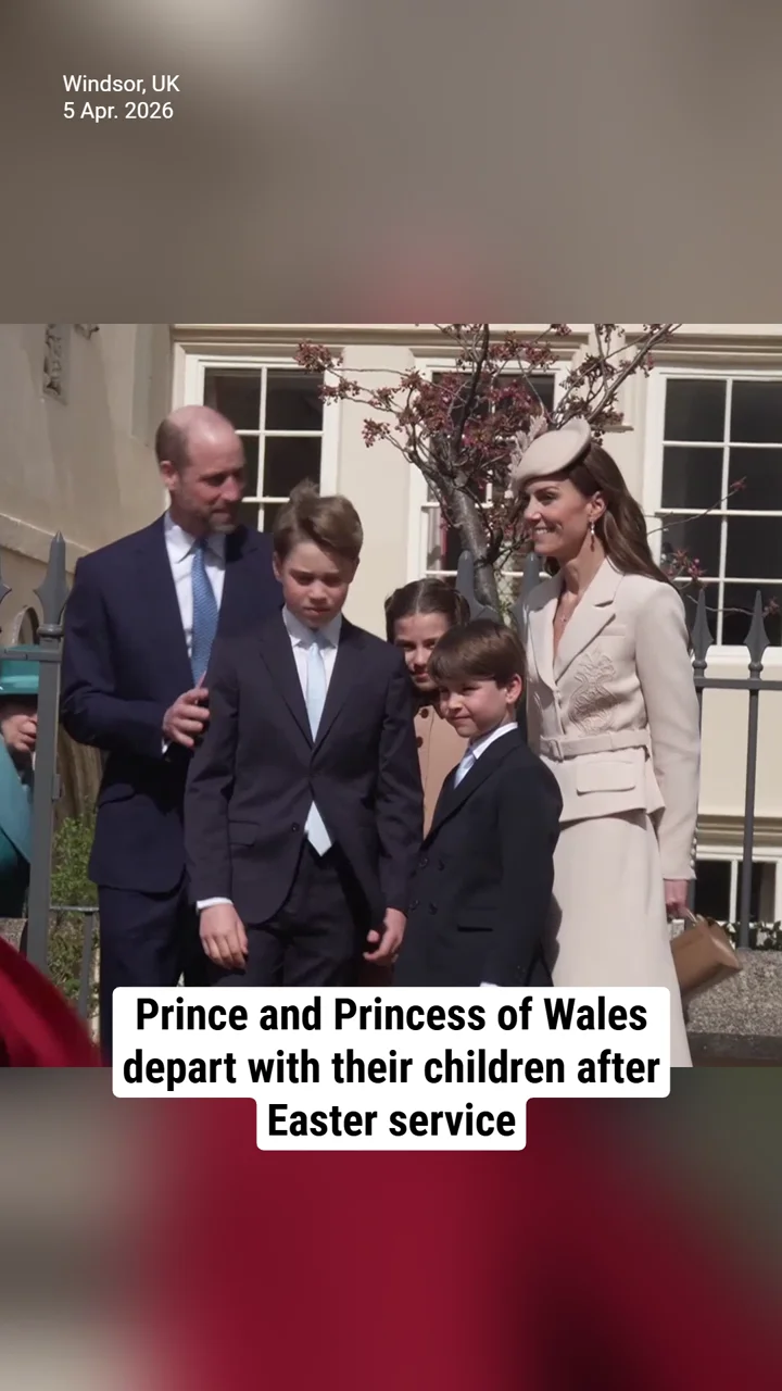 Prince and Princess of Wales depart with their children after the Easter service