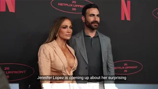 Jennifer Lopez boasts “great chemistry” with ‘Office Romance’ co-star Brett Goldstein at Netflix Upfront