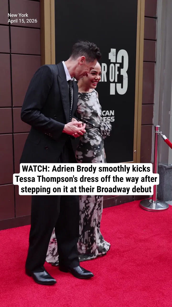 WATCH: Adrien Brody smoothly kicks Tessa Thompson's dress off the way after stepping on it at their Broadway debut