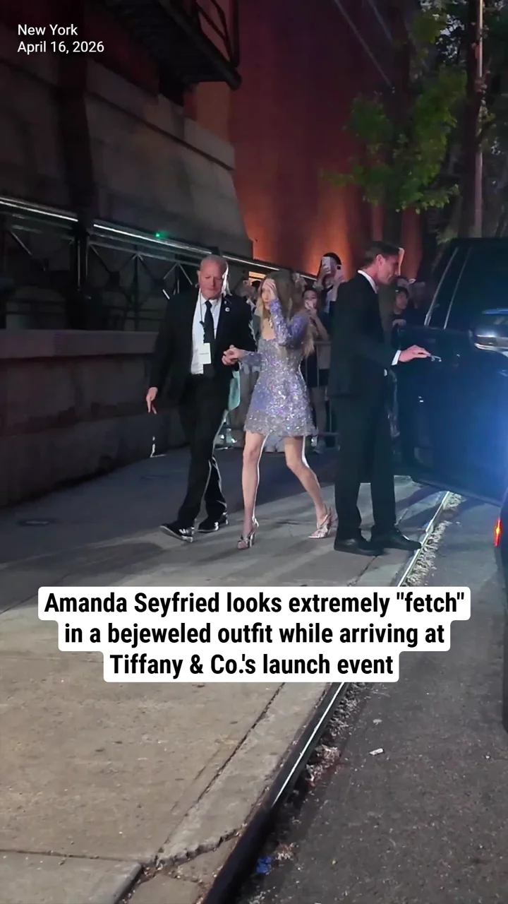 Amanda Seyfried looks extremely "fetch" in a bejeweled outfit while arriving at Tiffany & Co.'s launch event
