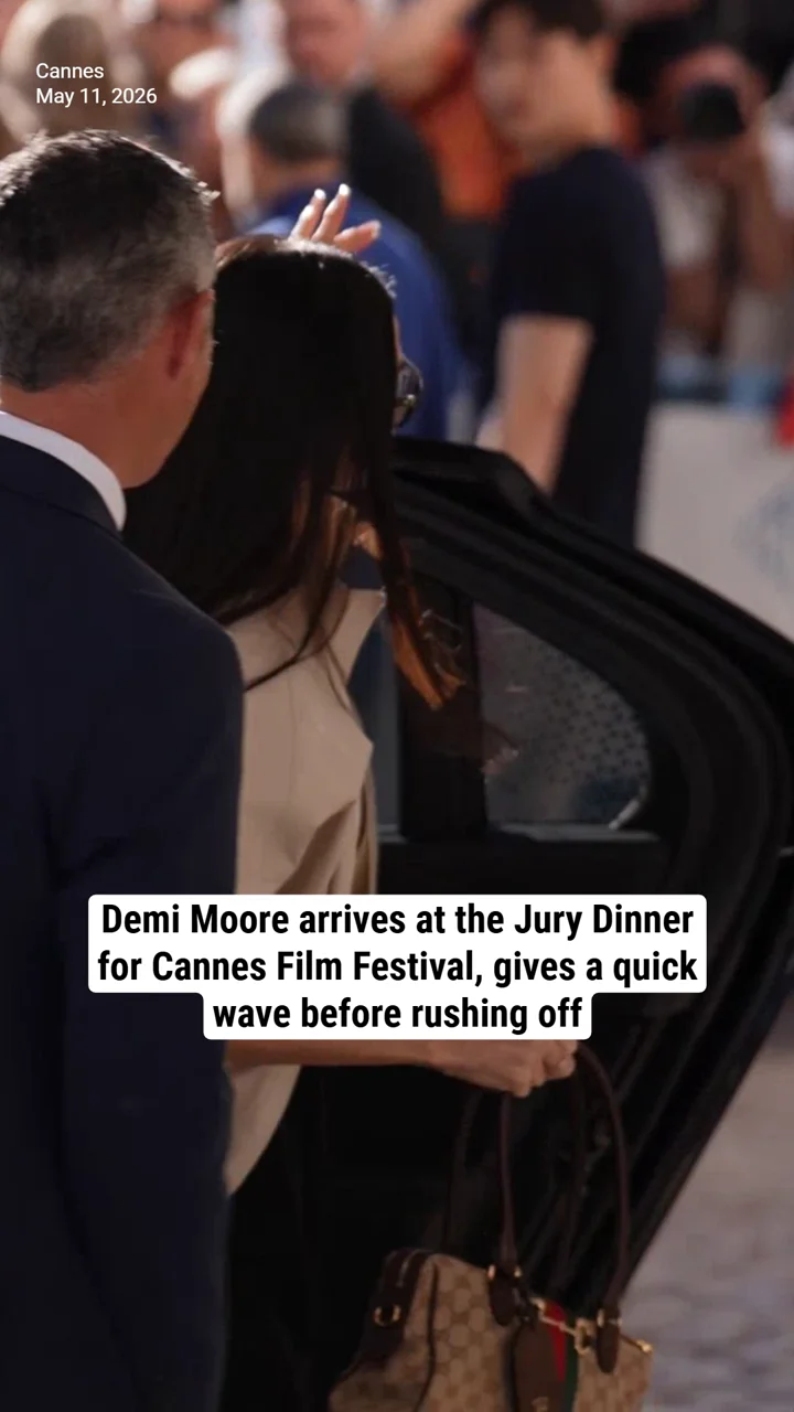 Demi Moore arrives at the Jury Dinner for Cannes Film Festival, gives a quick wave before rushing off