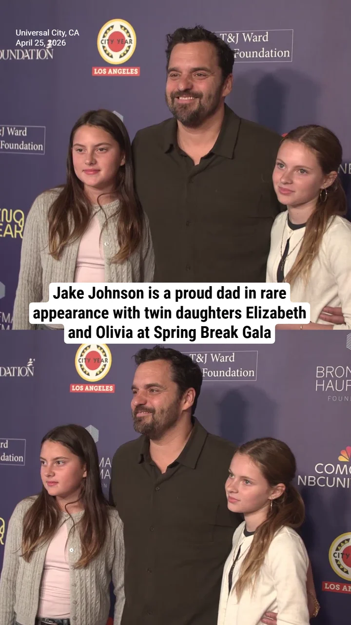 Jake Johnson is a proud dad in rare appearance with twin daughters Elizabeth and Olivia at Spring Break Gala