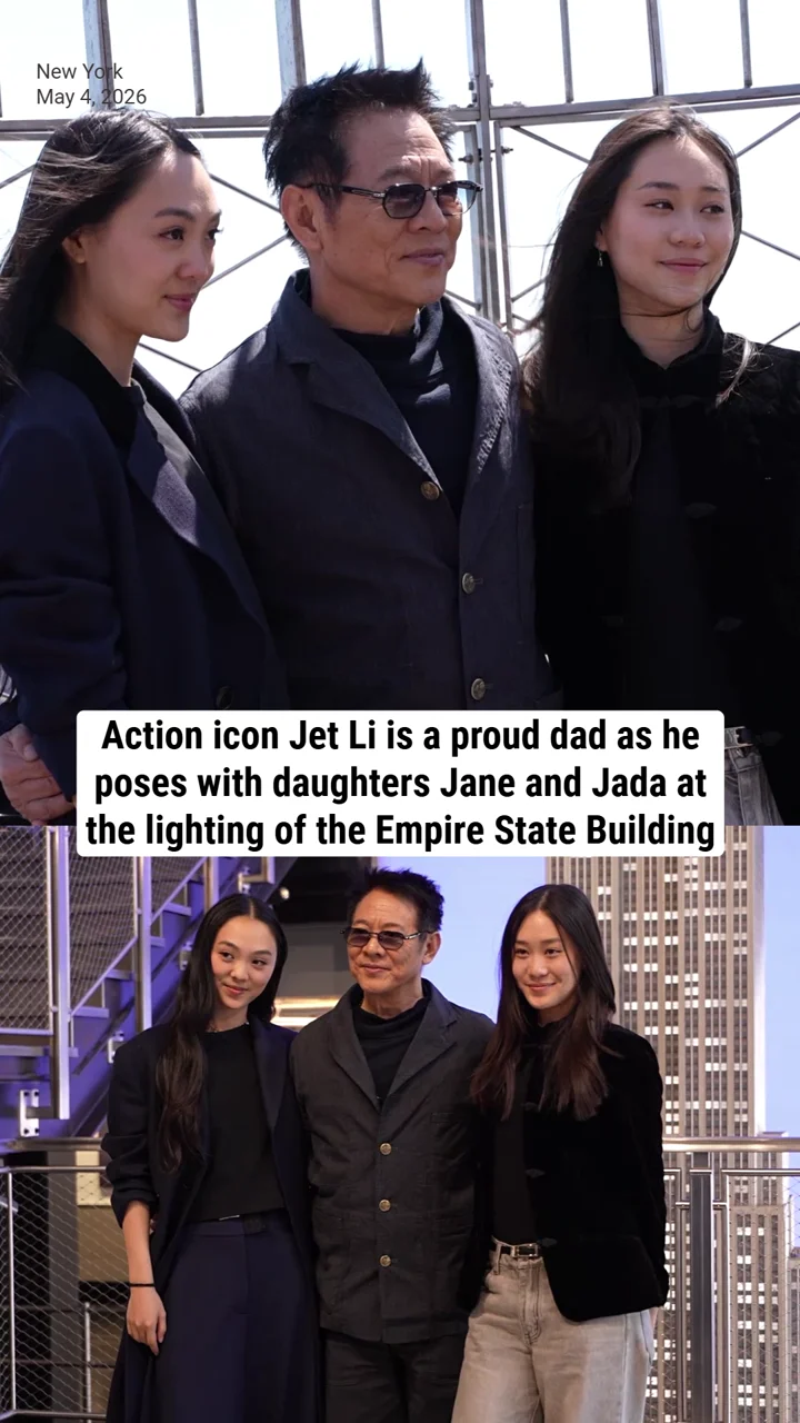 Action icon Jet Li is a proud dad as he poses with daughters Jane and Jada at the lighting of the Empire State Building