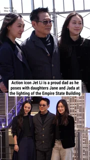 Action icon Jet Li is a proud dad as he poses with daughters Jane and Jada at the lighting of the Empire State Building