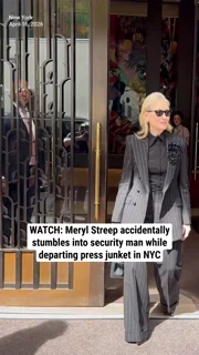 WATCH: Meryl Streep accidentally stumbles into security man while departing press junket in NYC