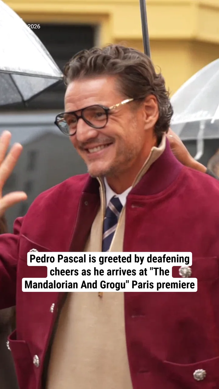 Pedro Pascal is greeted by deafening cheers as he arrives at "The Mandalorian And Grogu" Paris premiere