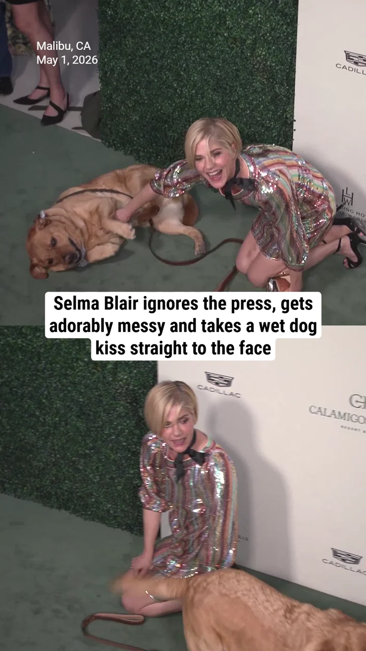 Selma Blair ignores the press, gets adorably messy and takes a wet dog kiss straight to the face