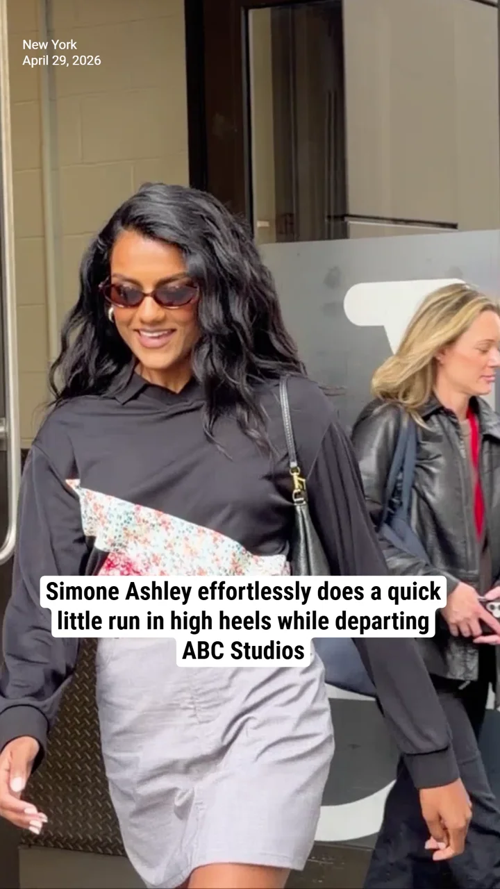 Simone Ashley effortlessly does a quick little run in high heels while departing ABC Studios