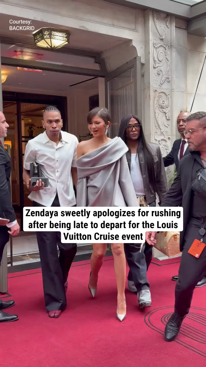 Zendaya sweetly apologizes for rushing after being late to depart for the Louis Vuitton Cruise event