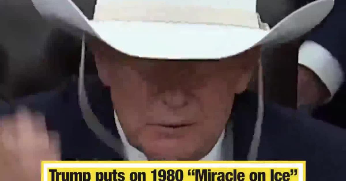 Trump puts on 1980 “Miracle on Ice” replica hat at event