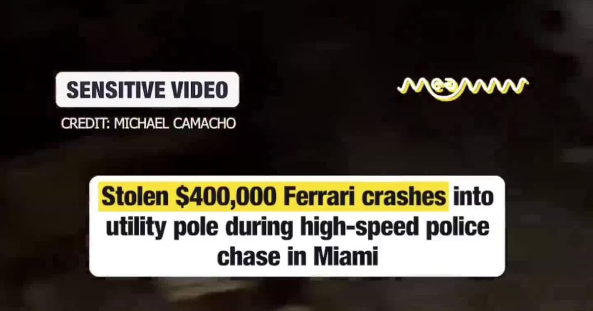 Stolen $400K Ferrari Crashes Into Utility Pole During Police Chase in Miami