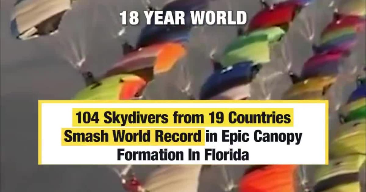104 elite skydivers shatter 18-year world record with physics-defying mid-air canopy formation over Florida skies.