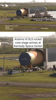 Artemis III SLS core stage arrival at Kennedy Space Center