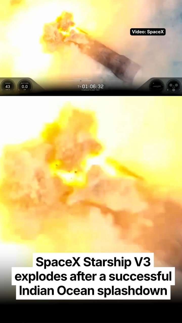 SpaceX Starship V3 explodes after a successful Indian Ocean splashdown