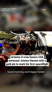 Artemis II crew honors CSA astronaut Jeremy Hansen with a gold pin to mark his first spaceflight