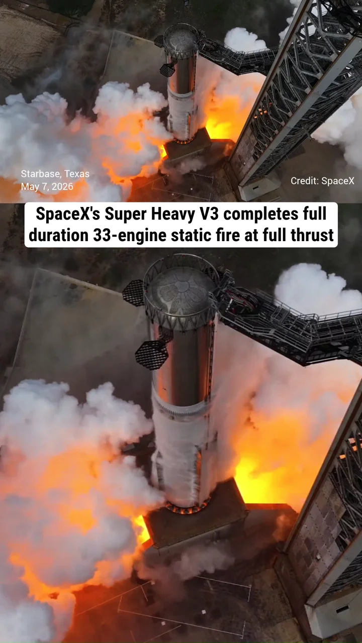 SpaceX's Super Heavy V3 completes full duration 33-engine static fire at full thrust