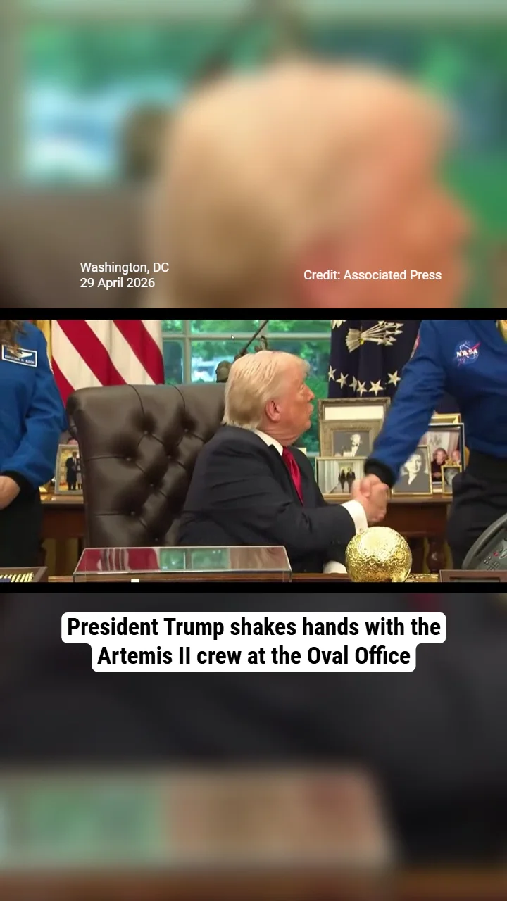 President Trump shakes hands with the Artemis II crew at the Oval Office