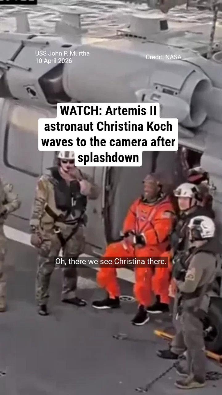 WATCH: Artemis II astronaut Christina Koch waves to the camera after splashdown